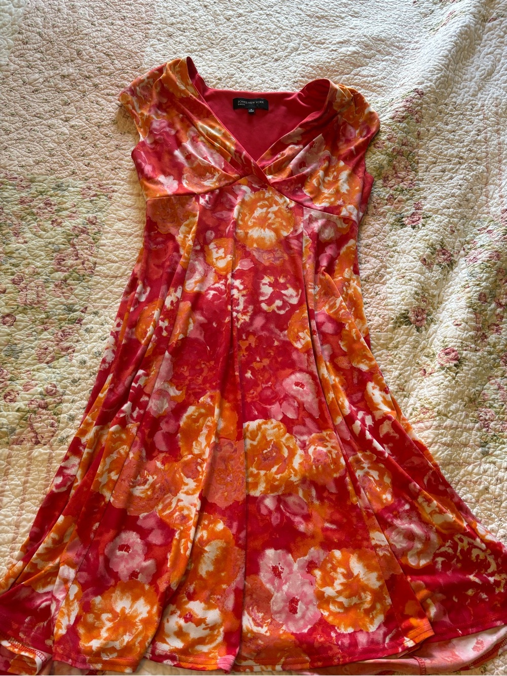 Jones New York Floral Red and Orange Cap-Sleeve Fit & Flare Dress